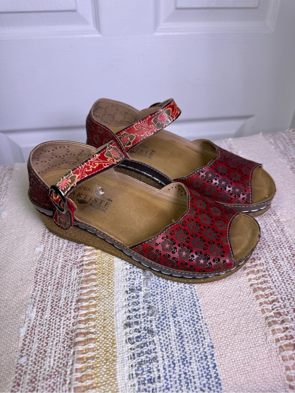 Women's Red Floral Cutout Leather Sandals with Ankle Strap